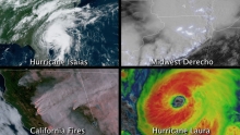 Side-by-side satellite imagery loops showing hurricanes Isaias and Laura, the Midwestern derecho, and California wildfires.