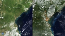 Side-by-side images of Beira on February 24th and with flooded region on March 25th