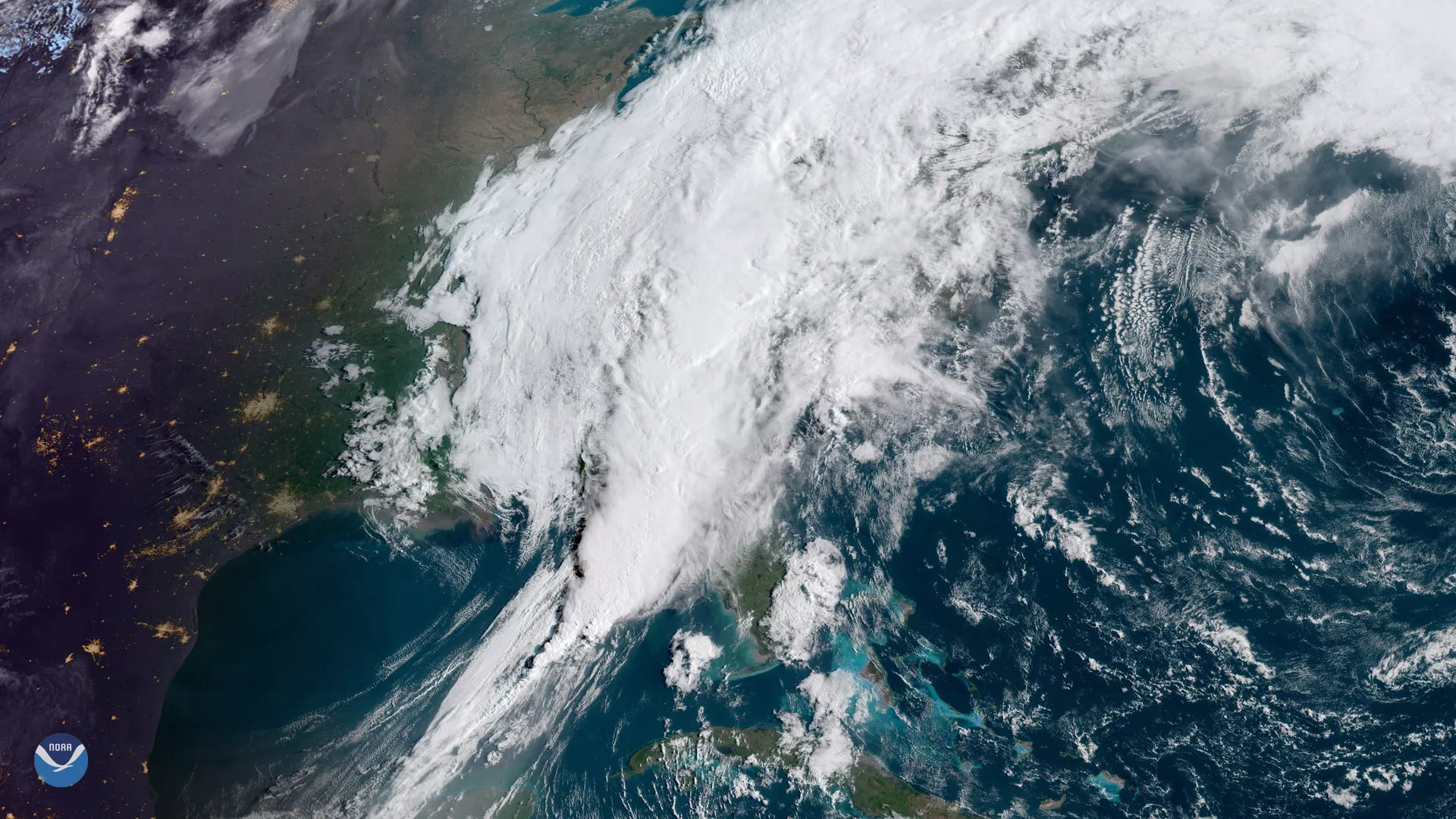 April 2019 capture of East Coast storm systems, in GeoColor, via GOES East. 
