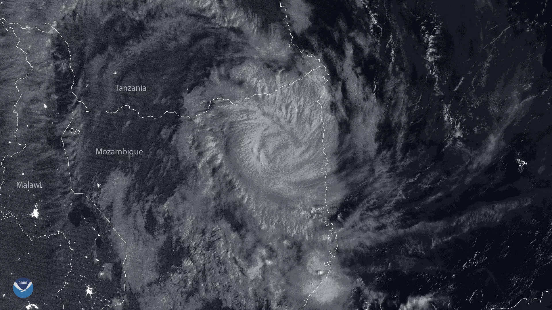 NOAA-20 True Color capture of Tropical Cyclone Kenneth striking Mozambique coastline, April 26, 2019. 