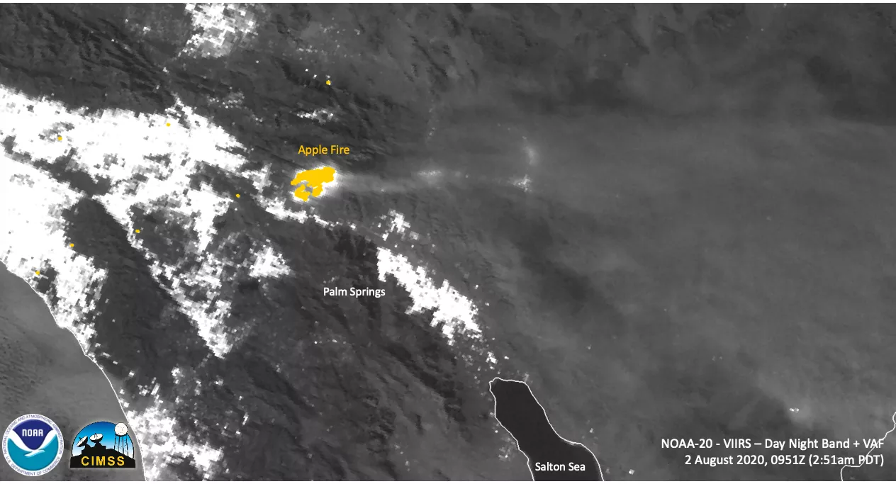 DNB imagery of NOAA-20, capturing Apple Fire spread and total acreage. 