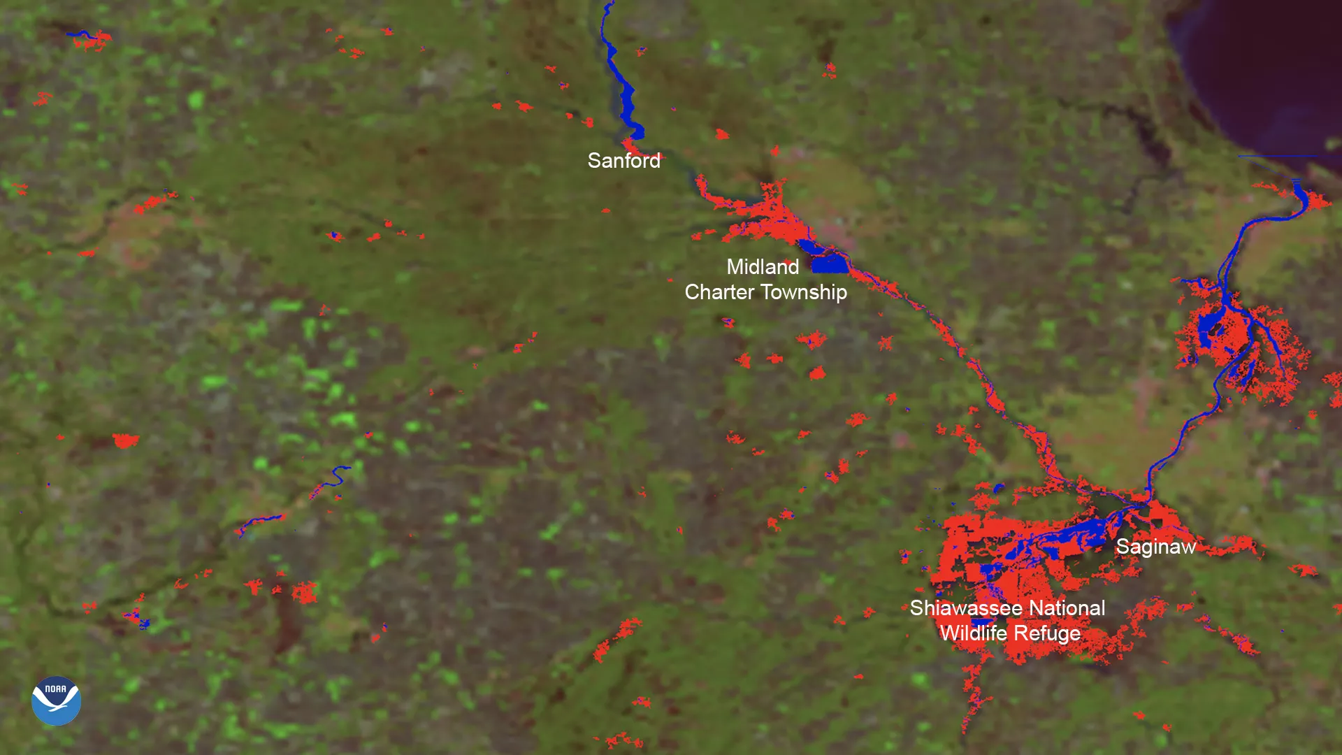 Flooding imagery of Midland, Mich. tracing out flooded areas in red and orange. 