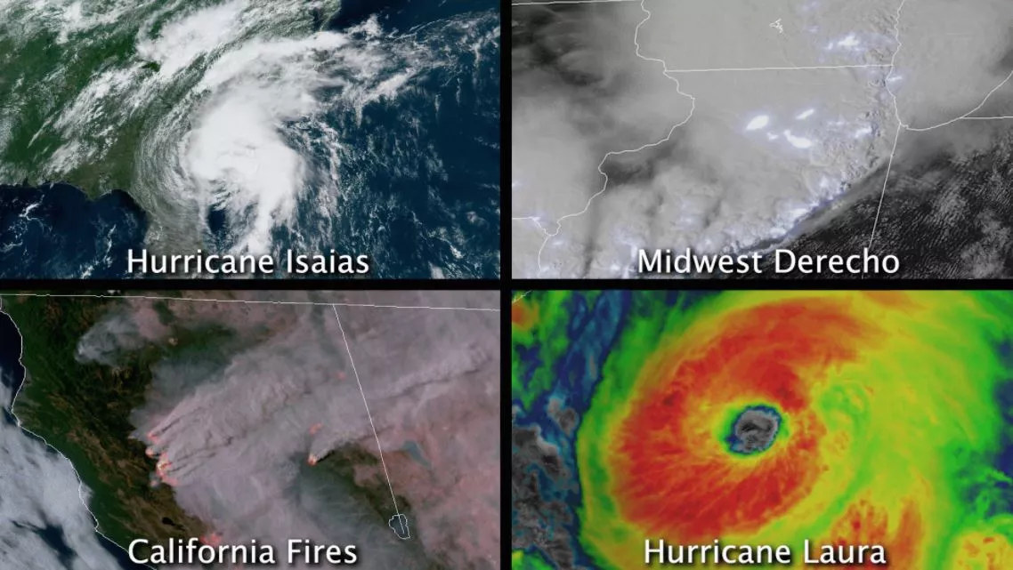 Side-by-side satellite imagery loops showing hurricanes Isaias and Laura, the Midwestern derecho, and California wildfires.