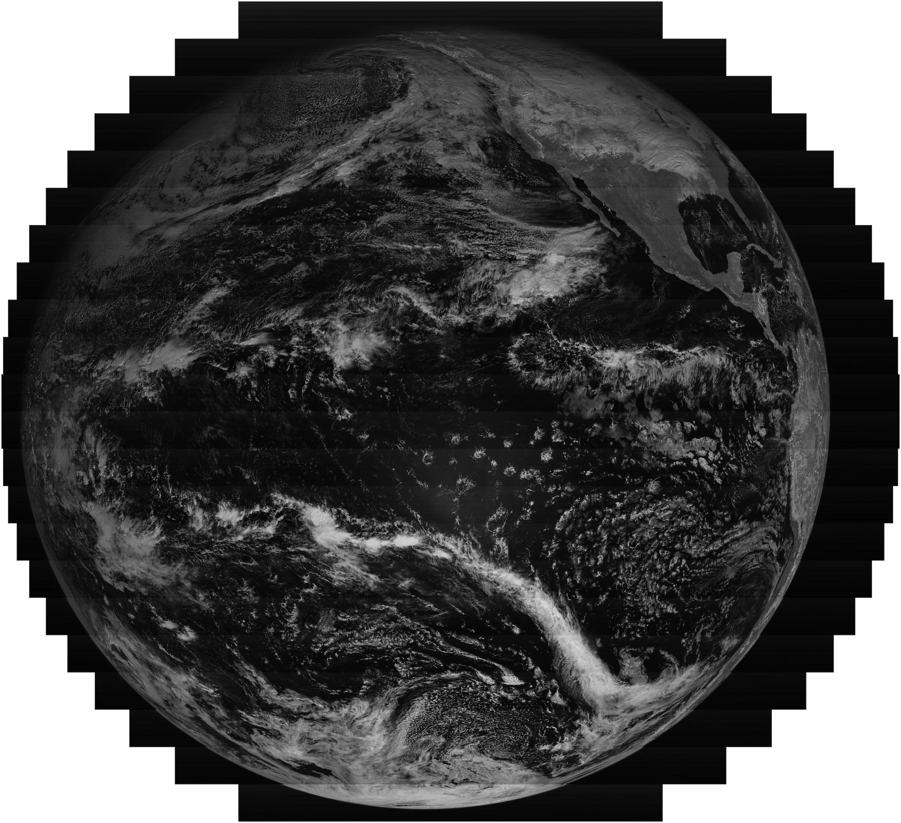 swaths of data make up a jagged-edged black and white image of Earth , viewing predominantly the Pacific Ocean (black) with gray/white clouds above.