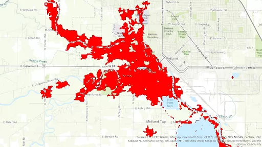 Map showing flooded areas around the Tittabawassee River in red.