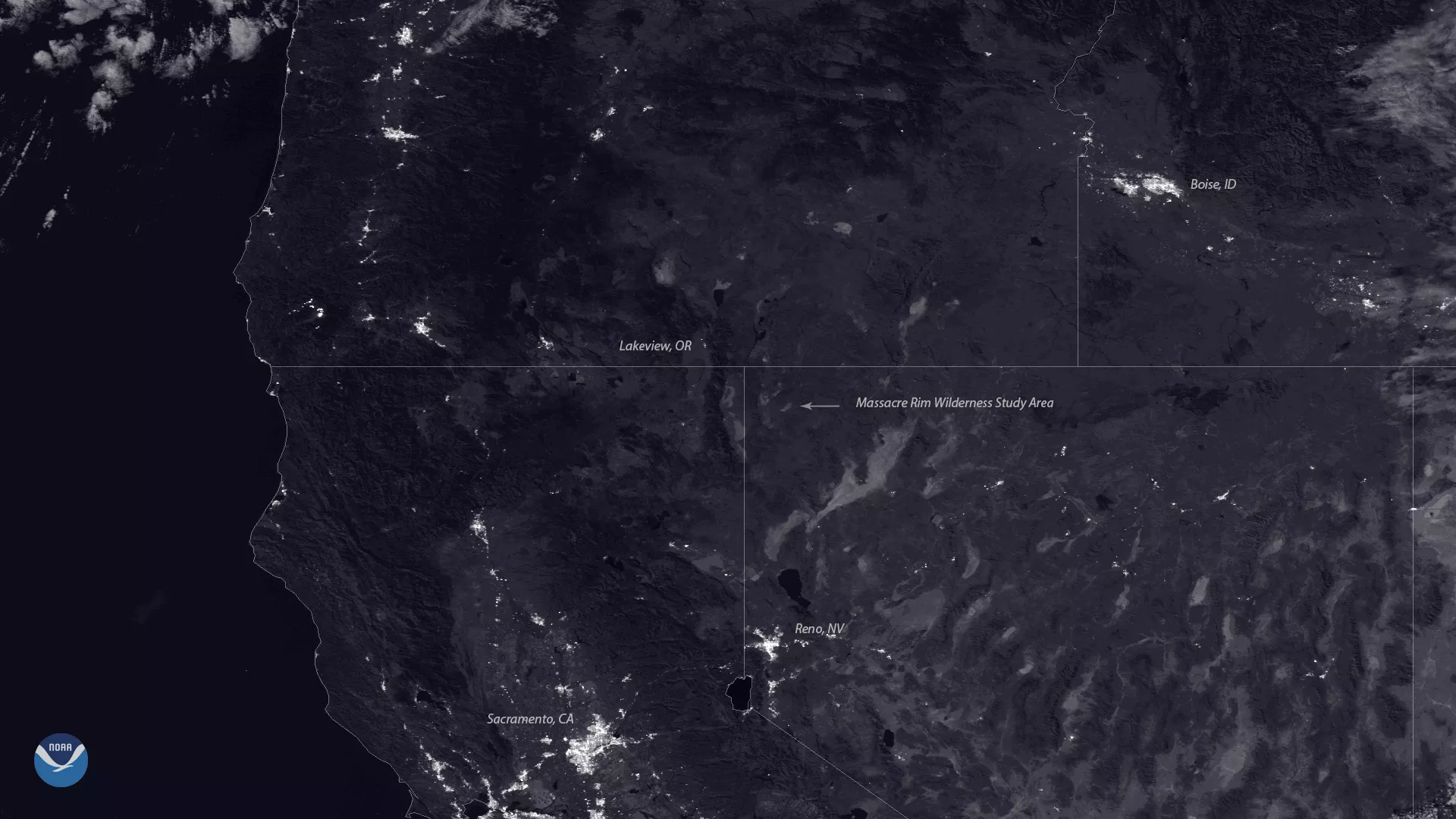 This Day-Night band imagery from NOAA-20 shows Nevada’s Massacre Rim Wilderness Study Area at night.