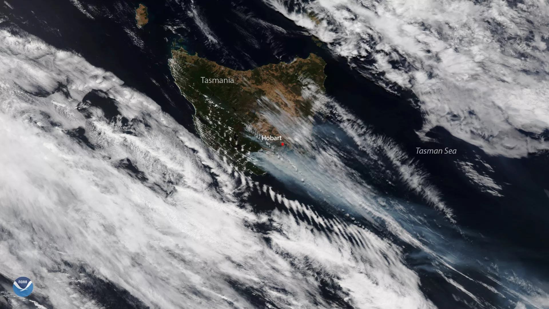 TrueColor Imagery of Australia under cloud cover and smoke from bushfires, via NOAA-20 satellite, Jan. 2018.