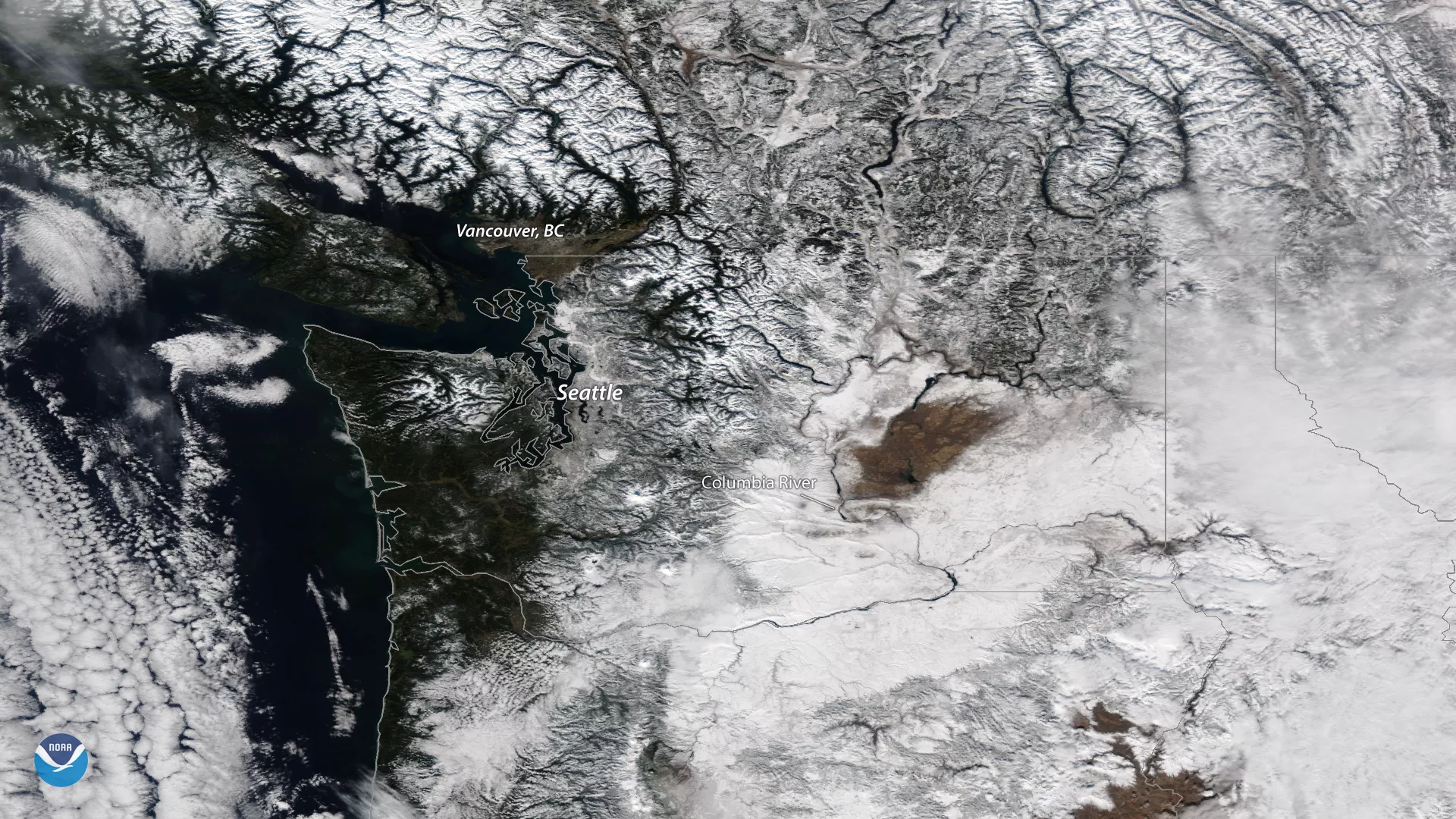 NOAA-20 imagery shows snowy weather in the Pacific Northwest.