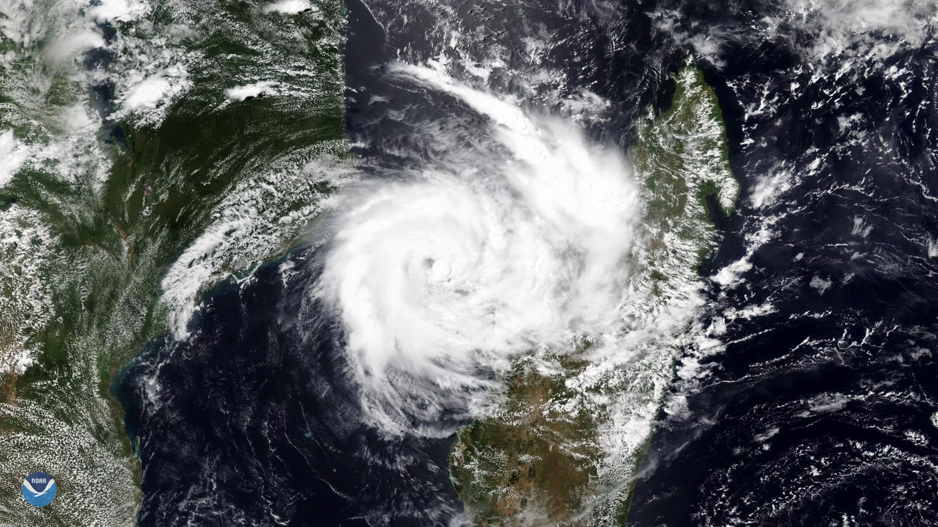This NOAA-20 image of Tropical Cyclone Idai over the Mozambique Channel shows the storm brushing the island of Madagascar.