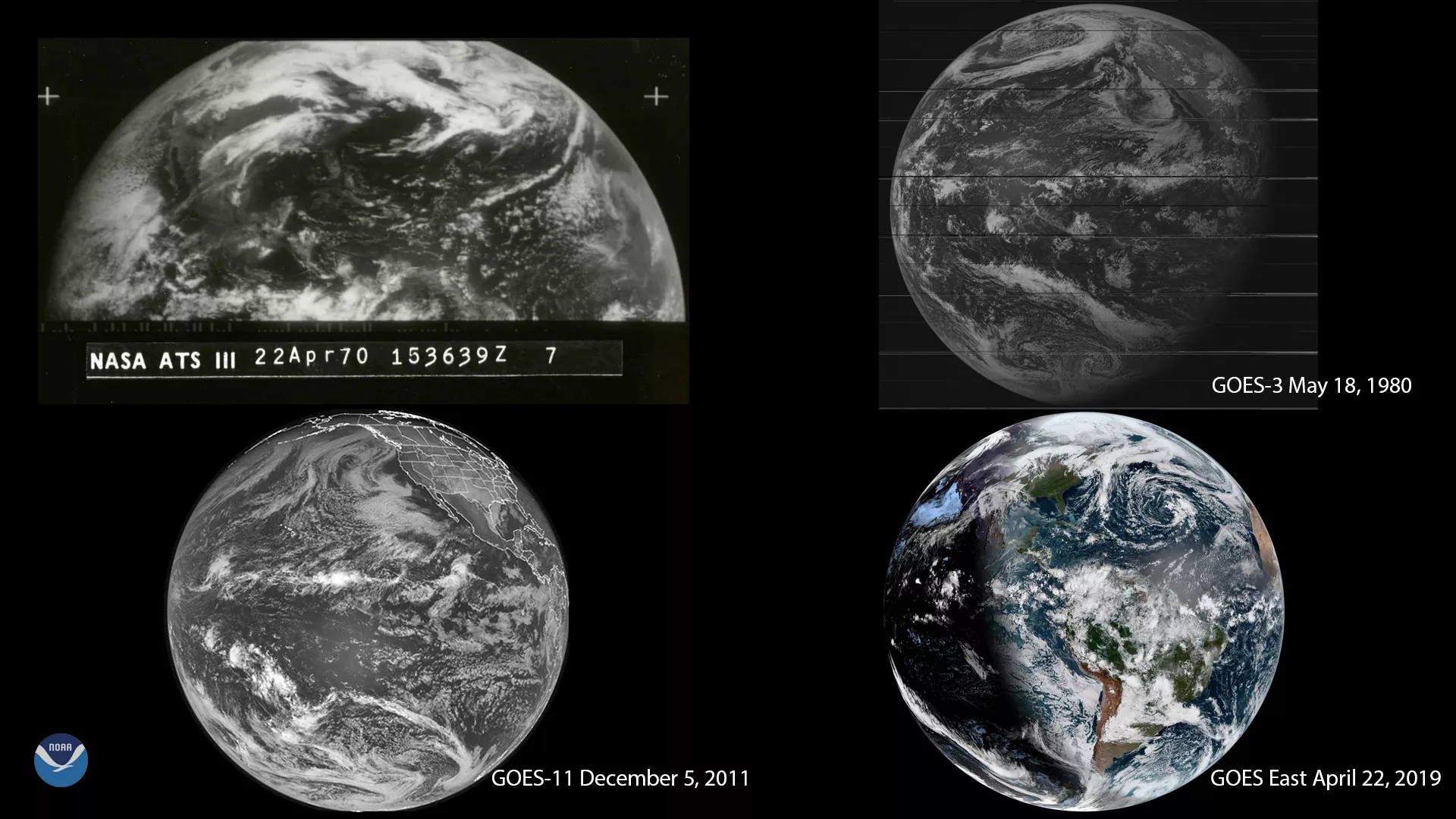 Four satellite images of Earth. The first from NASA ATS-3 on April 22, 1970, the second from GOES-3 satellite on May 18, 1980, the third from GOES-11 on December 5, 2011, and the forth from GOES East on April 22, 2019.
