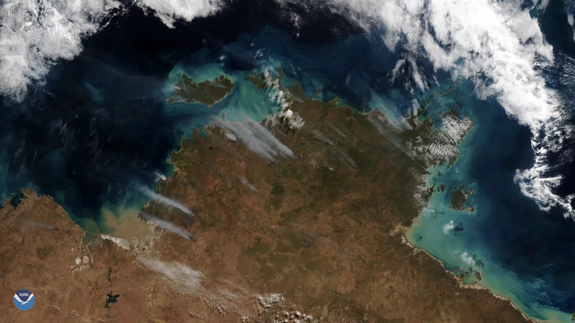 True color imagery of smoke and fire on the northern coast of Australia, as seen by NOAA-20, July 2019.
