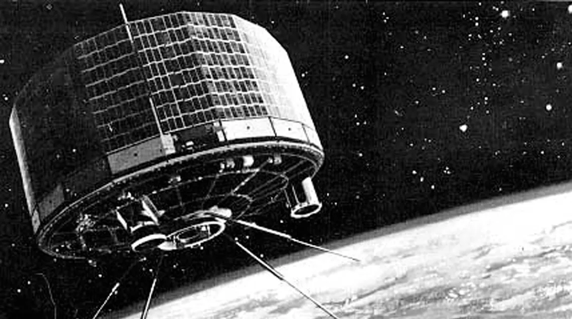 Illustration of TIROS-1 satellite in stationary orbit over Earth.