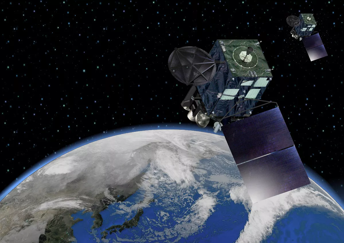 Illustration of Himawari-8 satellite orbiting outside of Earth. 