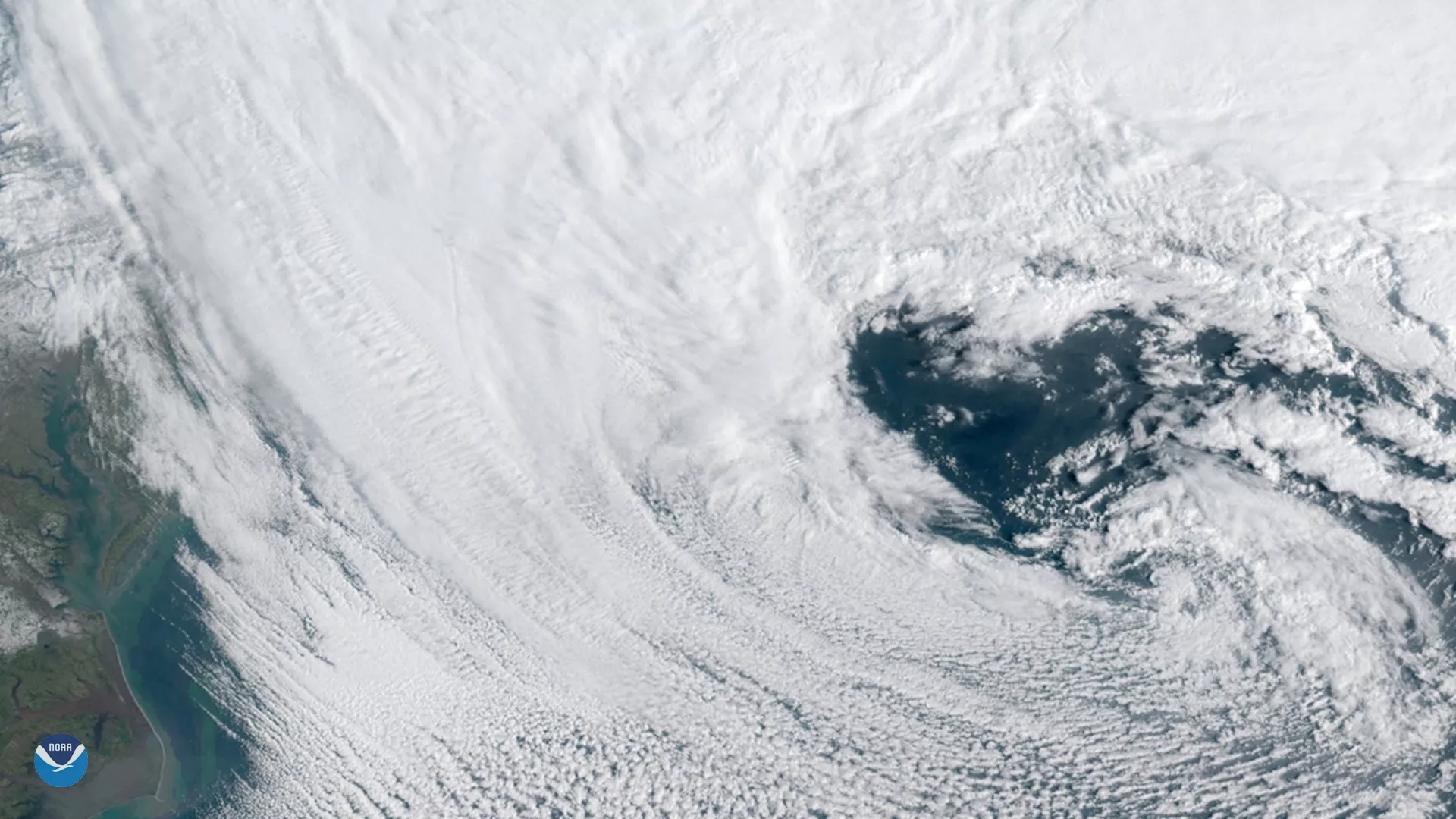 A heart-shaped cloud formation within a nor'easter, seen by GOES East on March 13, 2018.