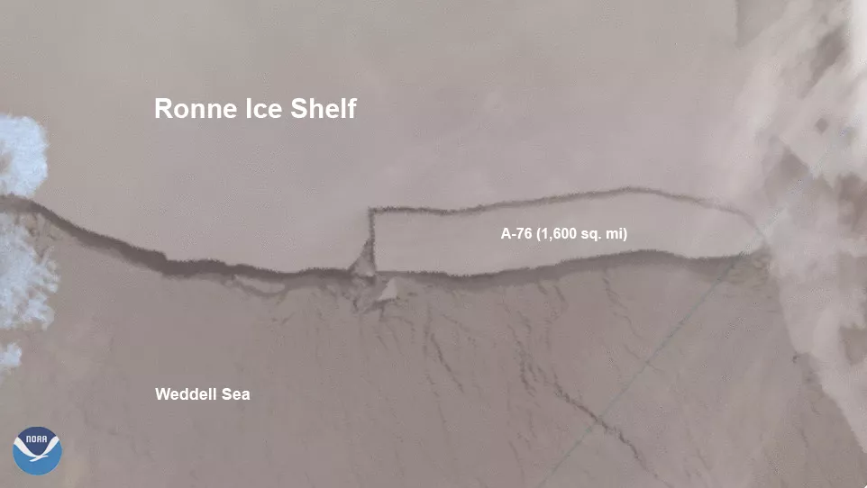 JPSS image of Weddell Sea and Ronne Ice Shelf, with A-76 outlined.