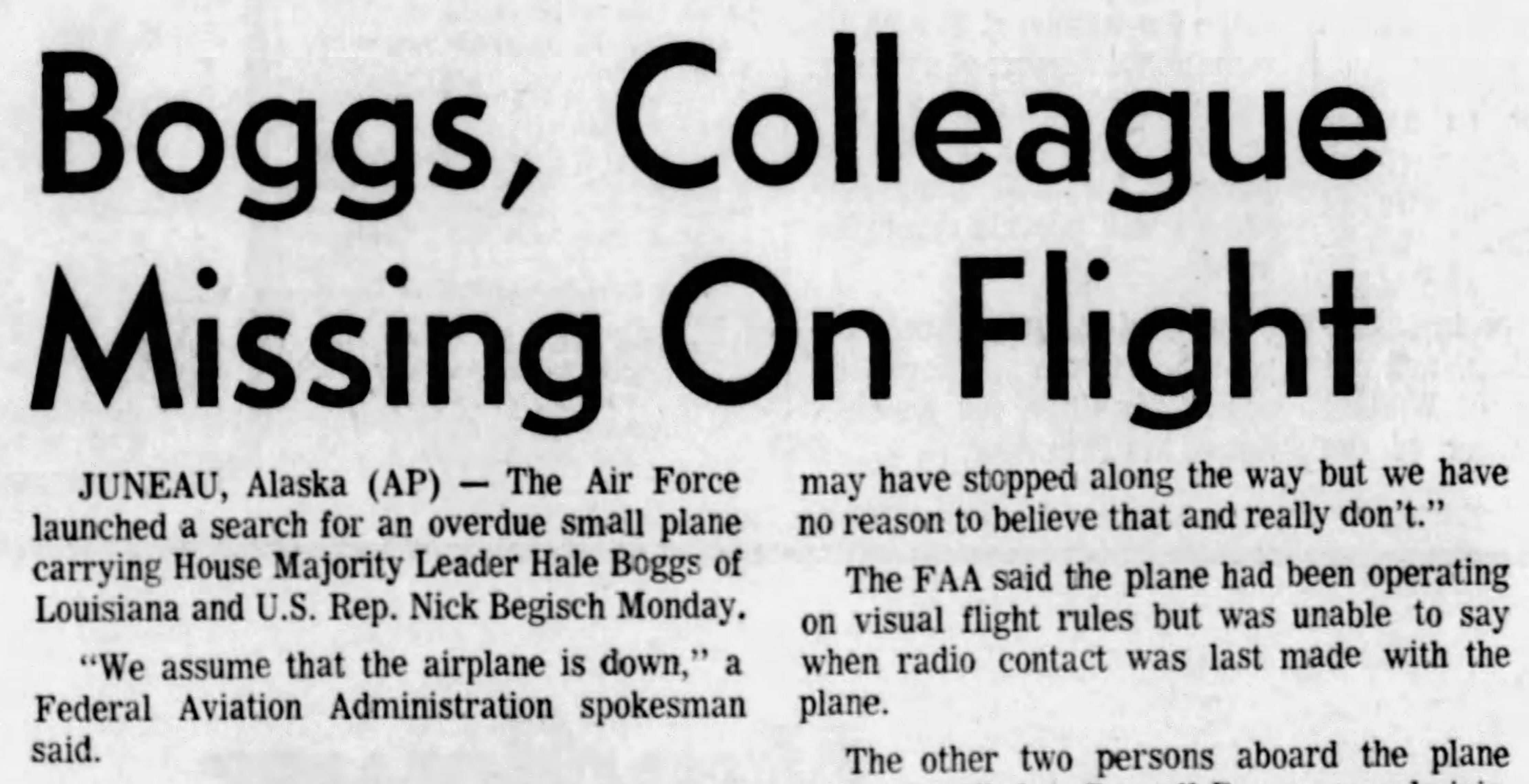 A newspaper clipping about the disappearance of a small plane in Alaska carrying Rep. Hale Boggs (D-La.) along with Rep. Nick Begich, and others, in 1972.