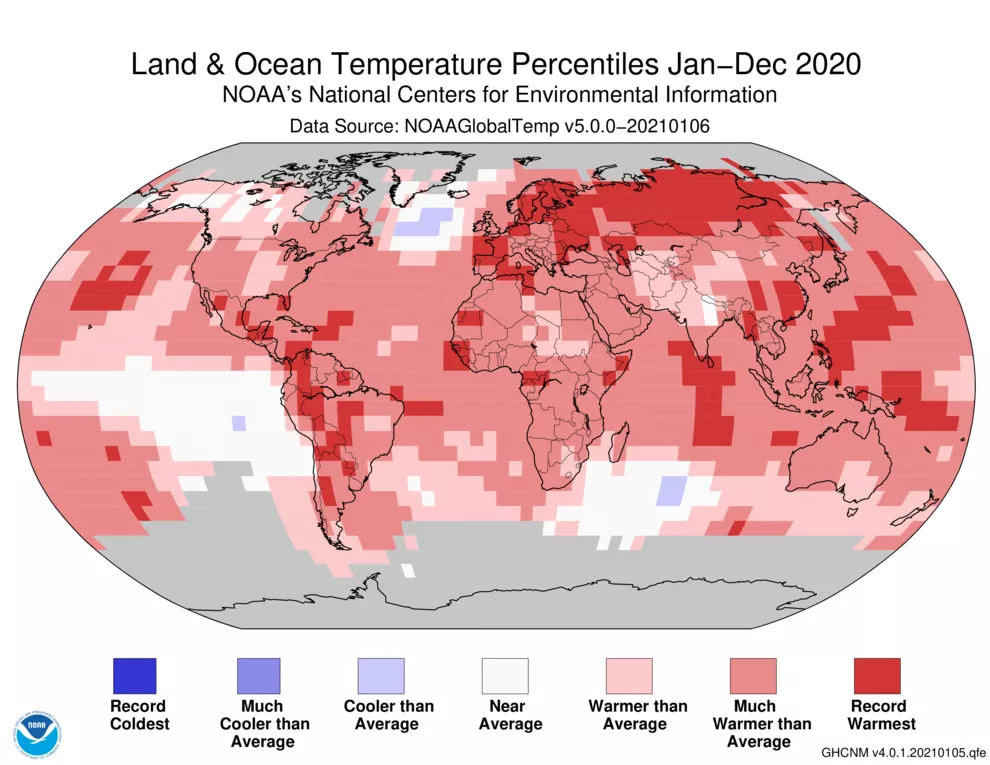 Image of global land ocean temperature percentiles, from March 2020. 