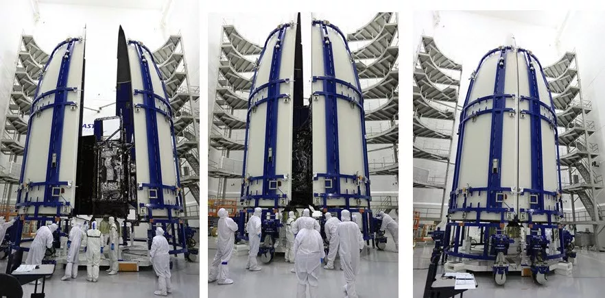 ULA workers encapsulating NOAA's GOES-R satellite in payload fairing
