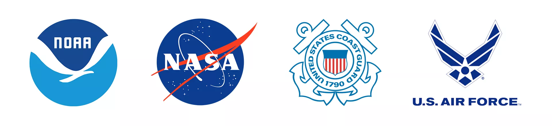 Emblems of the SARSAT agencies: NOAA, NASA, Coast Guard, and Air Force