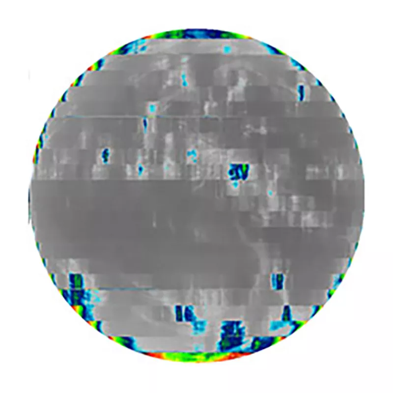 Full disk satellite image that shows gray areas where imagery is not displayed due to the loop heat pipe anomalydue to