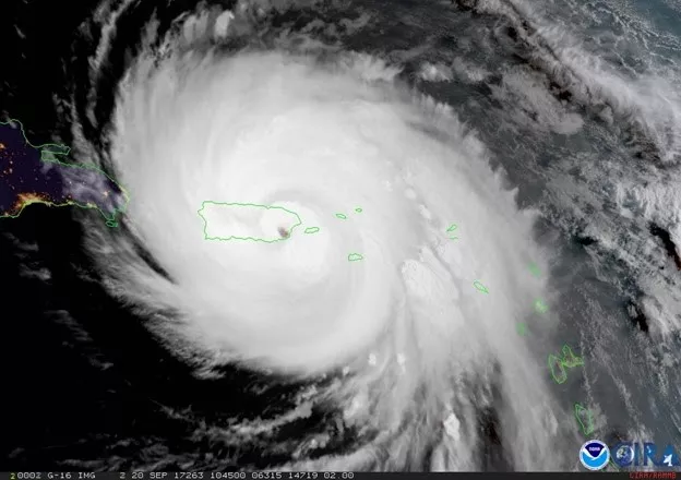 GOES-16 geocolor image of Hurricane Maria over Puerto Rico as it made landfall on September 20, 2017.