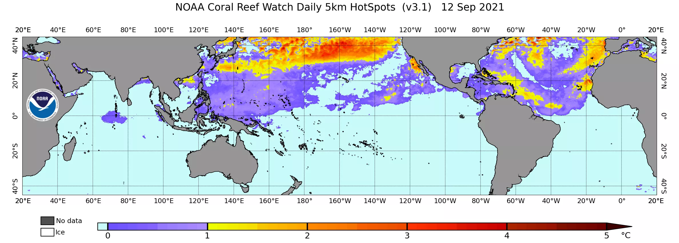 Satellite-derived visualization showing daily global coral bleaching heat stress hot spots from Sept. 12, 2021.