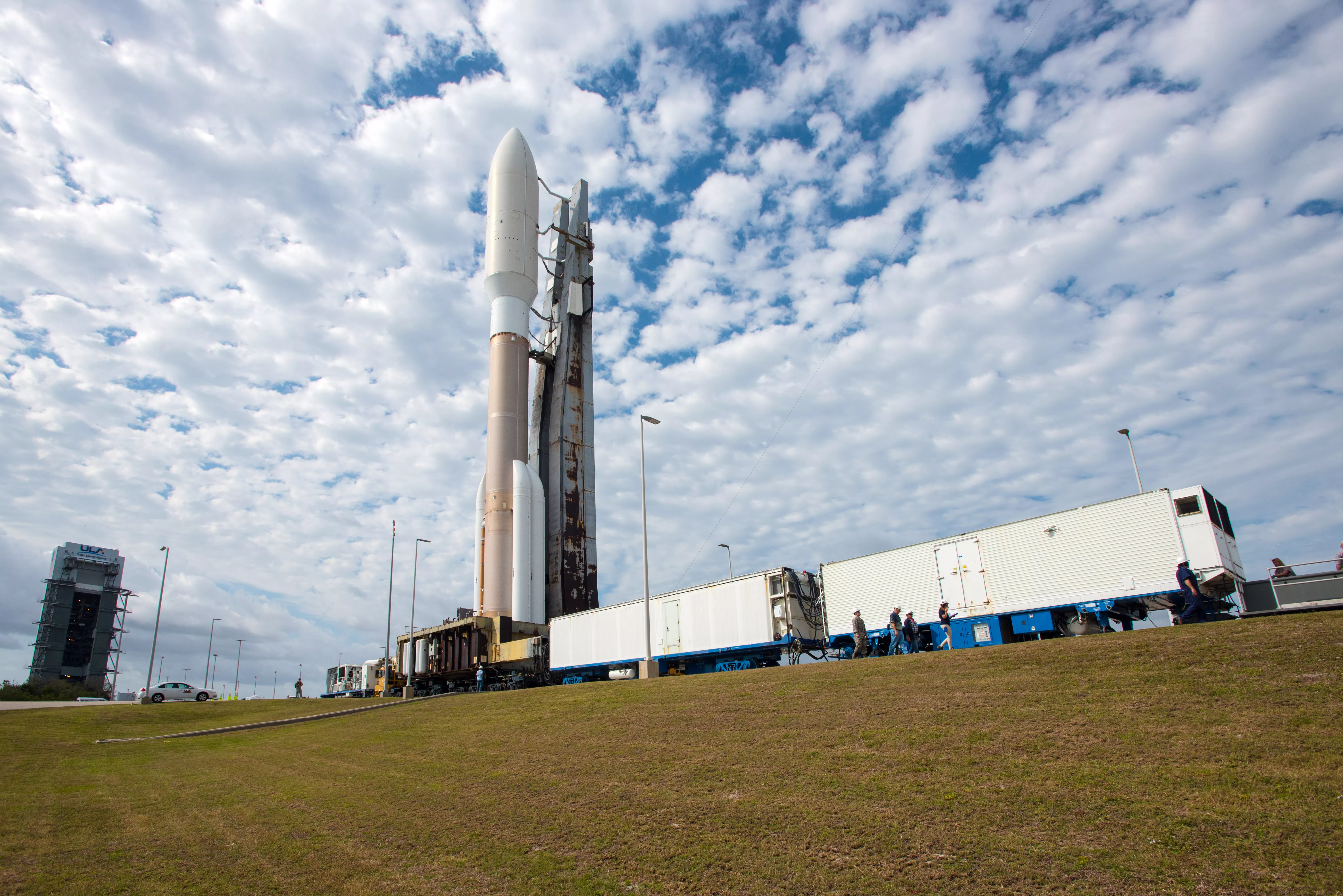 The Atlas V rocket carrying GOES-S rolls from the Vertical Integration Facility to the launch pad at Space Launch Complex-41.