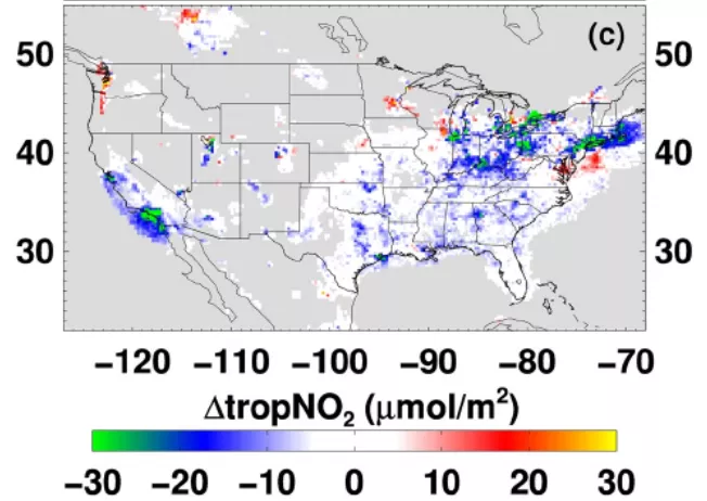 Map of continental U.S. showing changes in tropospheric nitrogen dioxide (tropNO2) observed by the Sentinel 5P Tropospheric Monitoring Instrument.