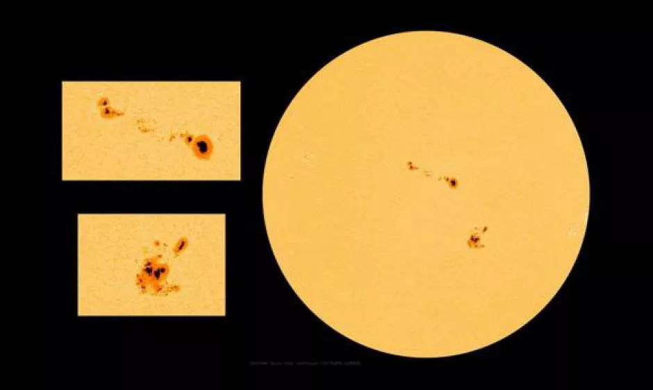 3 images of sunspots; one of the whole sun, and two zoomed in sections.