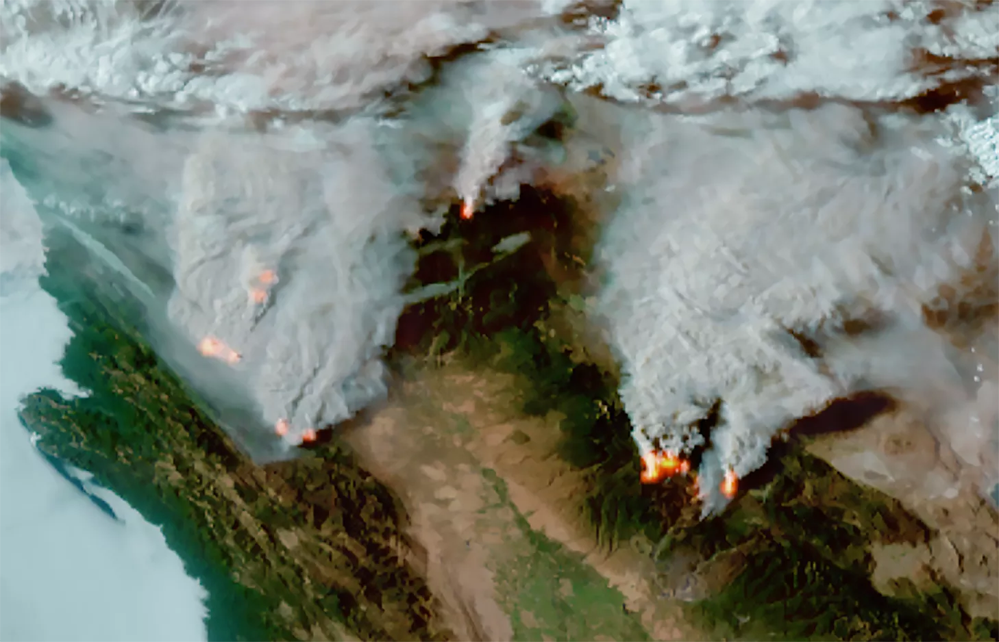 GOES-17 imagery of several large fires in northern California on Aug. 4, 2021.