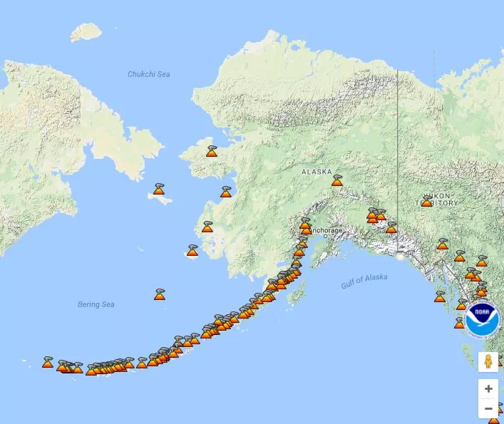 This map of from the NOAA/CIMSS Volcanic Cloud Monitoring Website shows the number of volcanoes in the Alaska region. See the full map at https://volcano.ssec.wisc.edu.