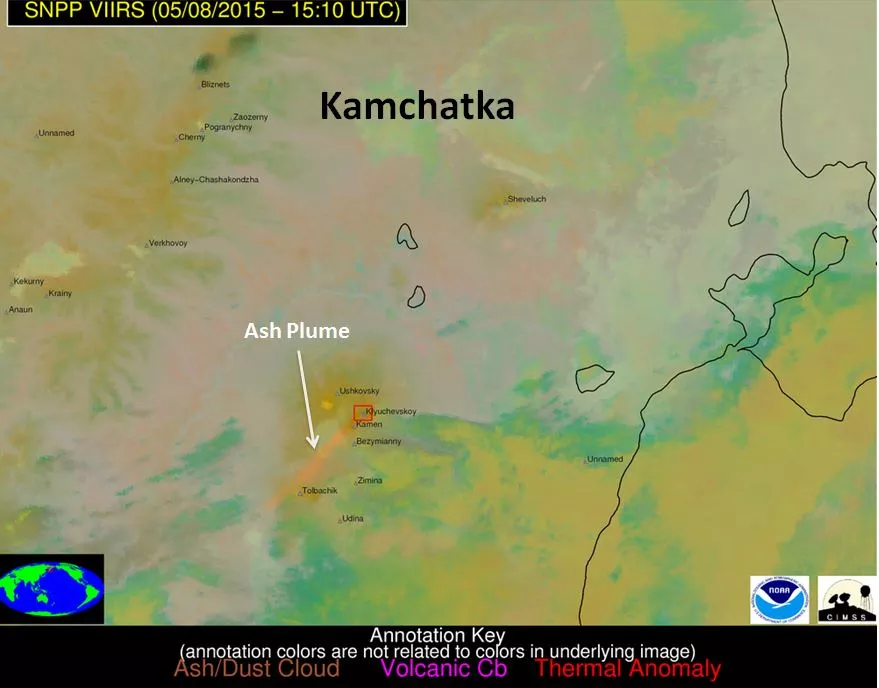 This false-color image from Suomi NPP was created by combining data from three of the VIIRS imager’s spectral channels. Images like these are used to detect ash plumes, thermal anomalies and volcanic cumulonimbus clouds