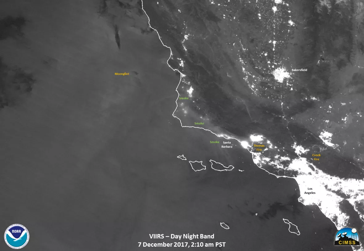 This Day/Night Band image produced by the Visible Infrared Imaging Radiometer Suite (VIIRS) instrument aboard Suomi NPP shows the locations of the Thomas and Creek fires (and their smoke) on the morning of December 7, 2017. Day-Night band imagery from Suomi NPP helps identify fire boundaries and smoke movement at night where other data sources are very sparse.