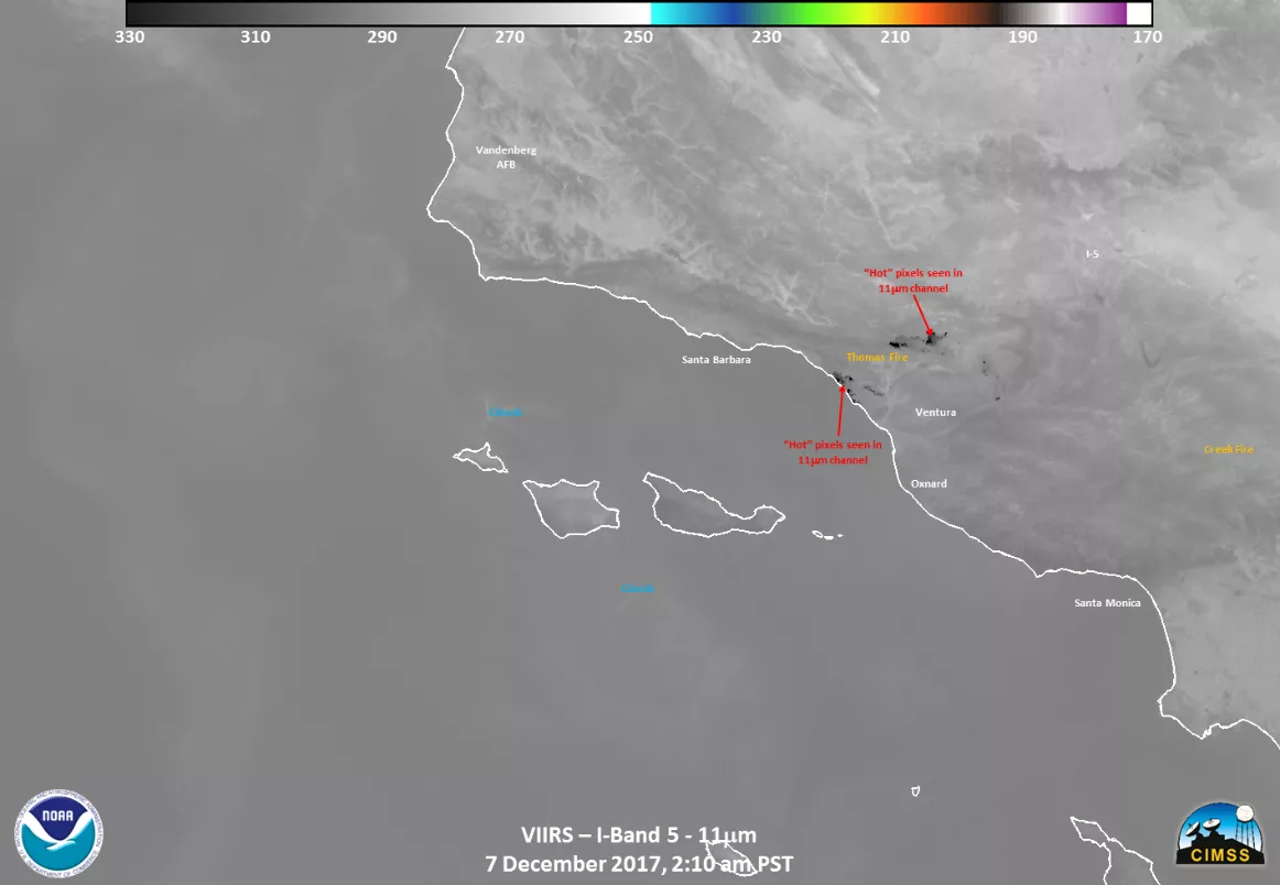 This Day/Night Band image produced by the Visible Infrared Imaging Radiometer Suite (VIIRS) instrument aboard Suomi NPP shows the locations of the Thomas and Creek fires (and their smoke) on the morning of December 7, 2017. Day-Night band imagery from Suomi NPP helps identify fire boundaries and smoke movement at night where other data sources are very sparse.
