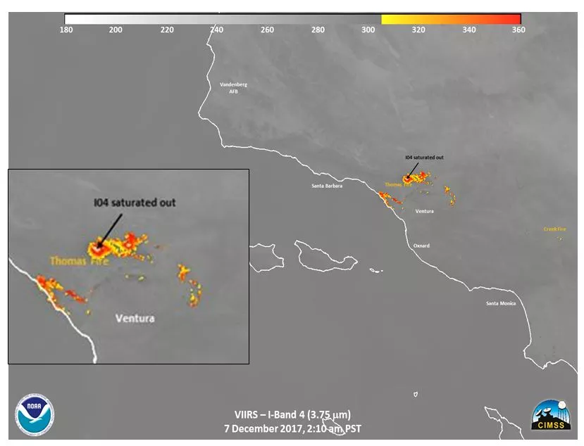 This infrared image from the VIIRS instrument (Band I-4) provides an indication of just how hot the Thomas fire is. The red areas indicate that the fire is burning at temperatures of more than 360 K (or about 185 oF). The gray areas within the fires are areas where the pixel has saturated the sensor for this channel and where fire is burning at greater than 367 K. This can be seen in lower resolution “Fire” channel on VIIRS (Band M-13), shown below.