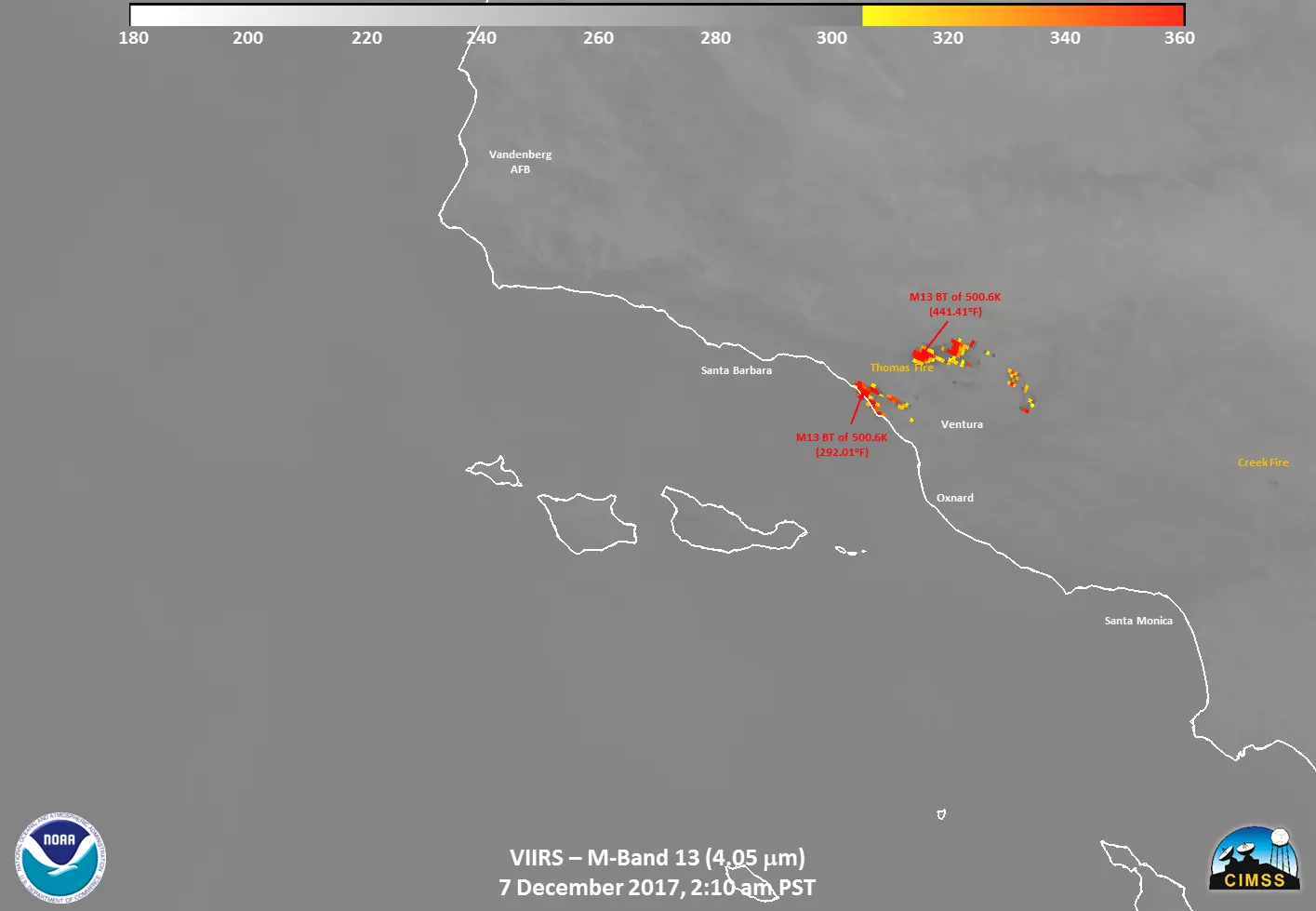 This image shows VIIRS’s “Fire” channel (Band M-13), which is a slightly different channel than the previous one used for fire detection. The brightness of the pixels shows fire temperatures up to 500.6K (441.41oF). The red areas in the hills outside of Ventura and along the coast show where the fire is burning the hottest.