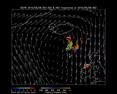 Ash trajectories over Iceland on of 2010/05/06. Credit: Center for Satellite Applications and Research (STAR)