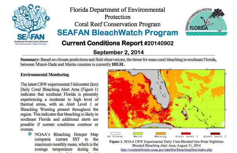 A Coral Reef Conservation Program Warning Report from September 2014 sent to regional resource management agencies. Credit: Coral Reef Watch