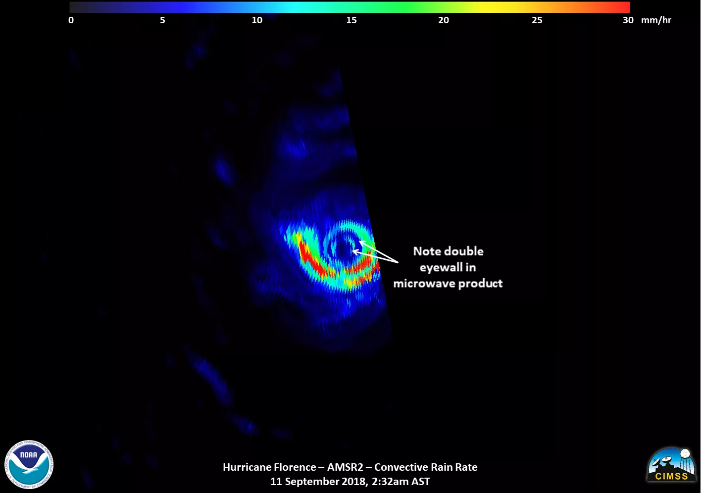 At 2:32 am EDT on Sept 11, the Advanced Microwave Scanning Radiometer 2, aboard the GCOM-W1 satellite, captured this image of Hurricane Florence. This image shows a double eyewall, an outer circle wrapped around an inner circle. Image credit: NOAA/UWM-SSEC-CIMSS/William Straka III