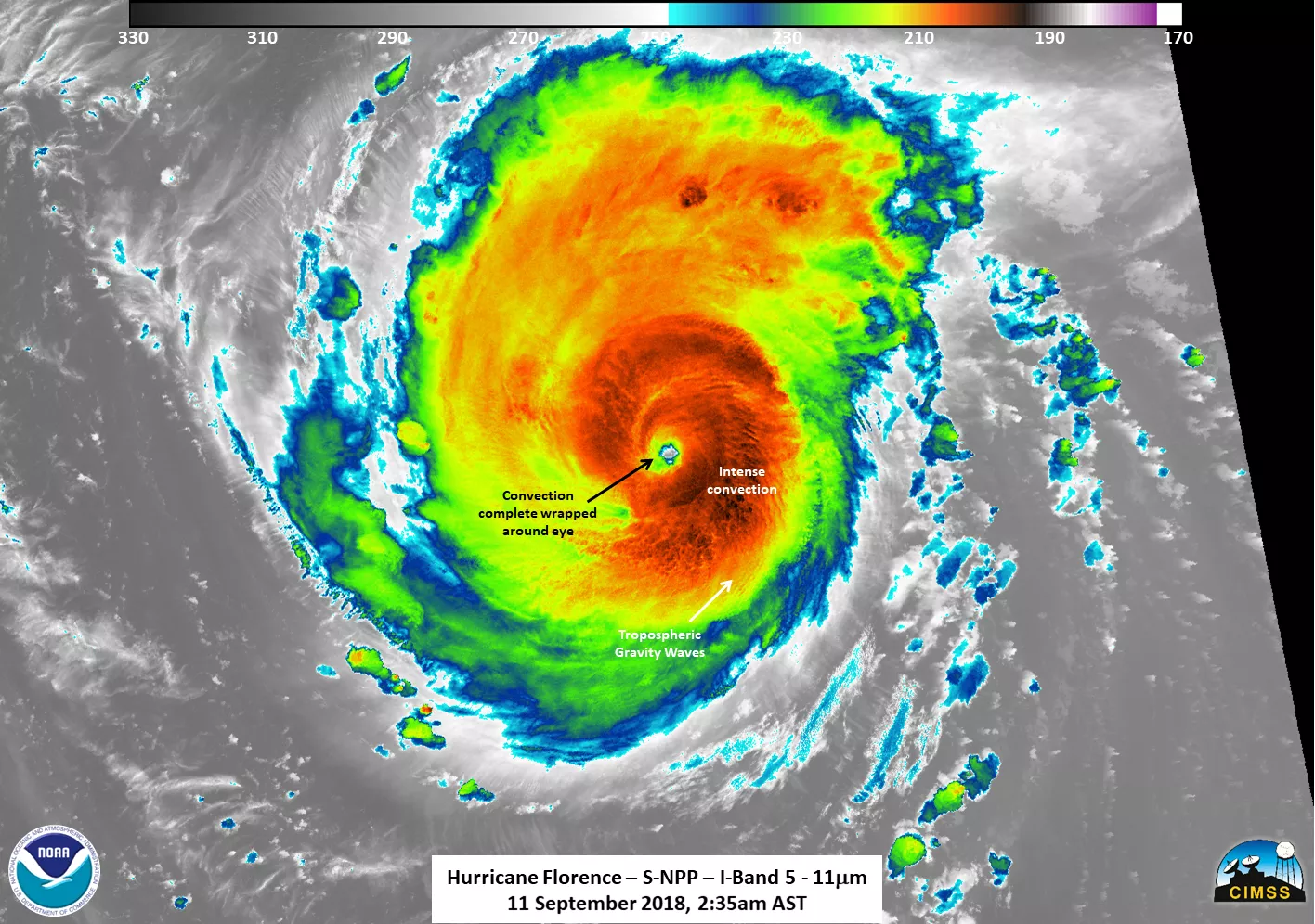 At 2:35 am EDT on Sept. 11, the Visible Infrared Imaging Radiometer Suite (VIIRS) instrument aboard NASA-NOAA’s Suomi NPP satellite captured this high-resolution image of Hurricane Florence in infrared. This was taken approximately at the same time as the previous AMSR-2 image. Image by NOAA/NASA/UWM-SSEC-CIMSS/William Straka III