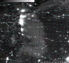 Suomi NPP VIIRS Day/Night Band image shows a broad area of snow cover over parts of the High Plains and Foothills regions of the US. CREDIT: CIMSS