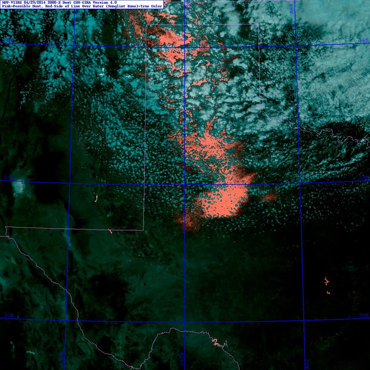 VIIRS/MODIS dust enhancement imagery over Eastern Colorado and Northern Texas.