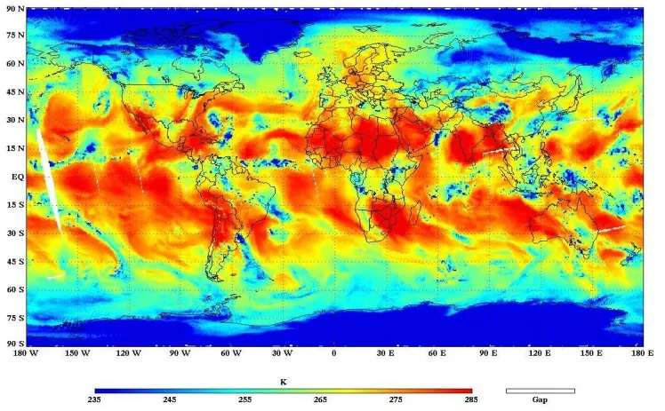 The image shows the ATMS channel 18 data, which measures water vapor in the lower atmosphere. Tropical Storm Sean is visible in the data, as the patch of blue, in the Atlantic off the coast of the Southeastern United States.