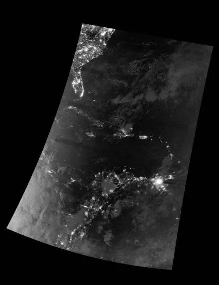 First VIIRS Day Night Band imagery from the new direct readout station at University of Puerto Rico – Mayaguez in Puerto Rico. Notice the large coverage from the Mid-Atlantic States to north-central South America. Credit: CIMSS