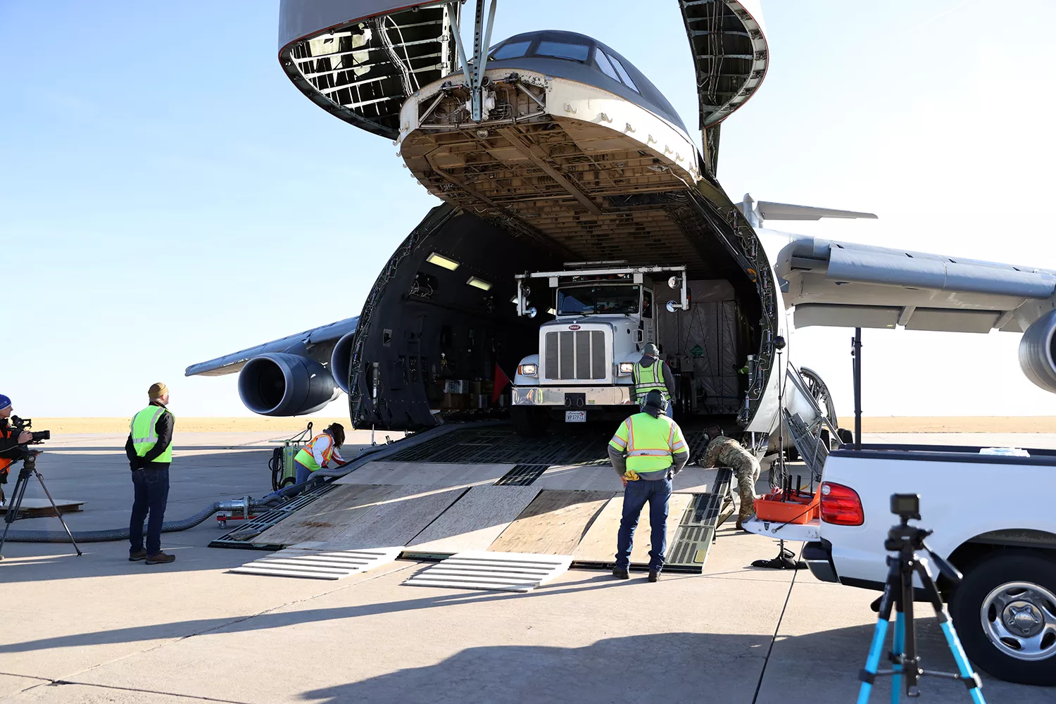 GOES-T being loaded onto a C-5M Super Galaxy aircraft that will fly it to the Kennedy Space Center in Florida.