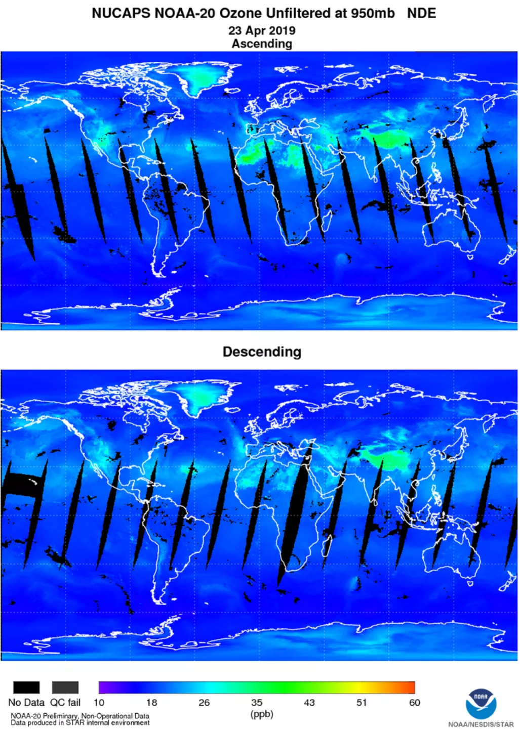 Image showing NUCAPS NOAA-20 ozone unfiltered at 950mb NDE, April 23, 2019.