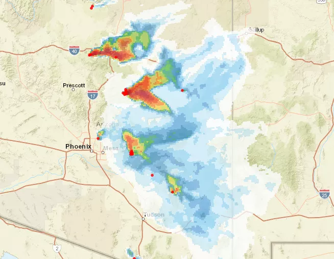Map showing weather radar over the Phoenix area.