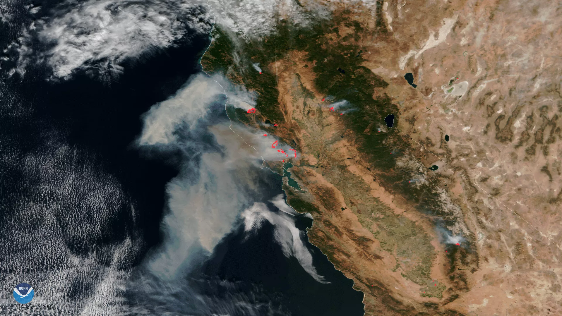 VIIRS data from the Suomi NPP satellite shows the extent of fires burning in California.