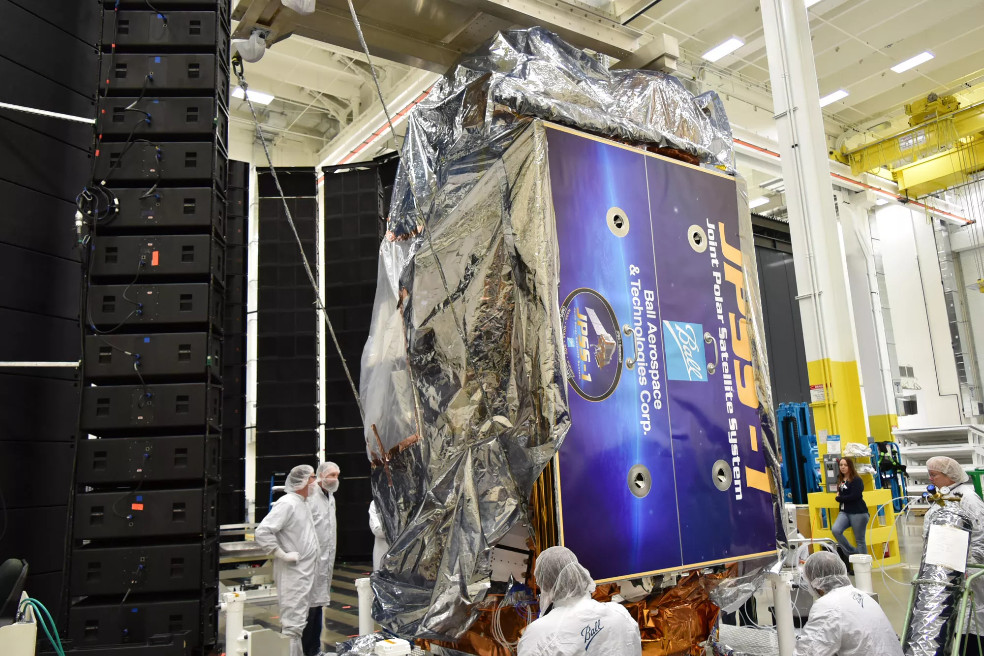 Image of JPSS-1 in the acoustic testing chamber