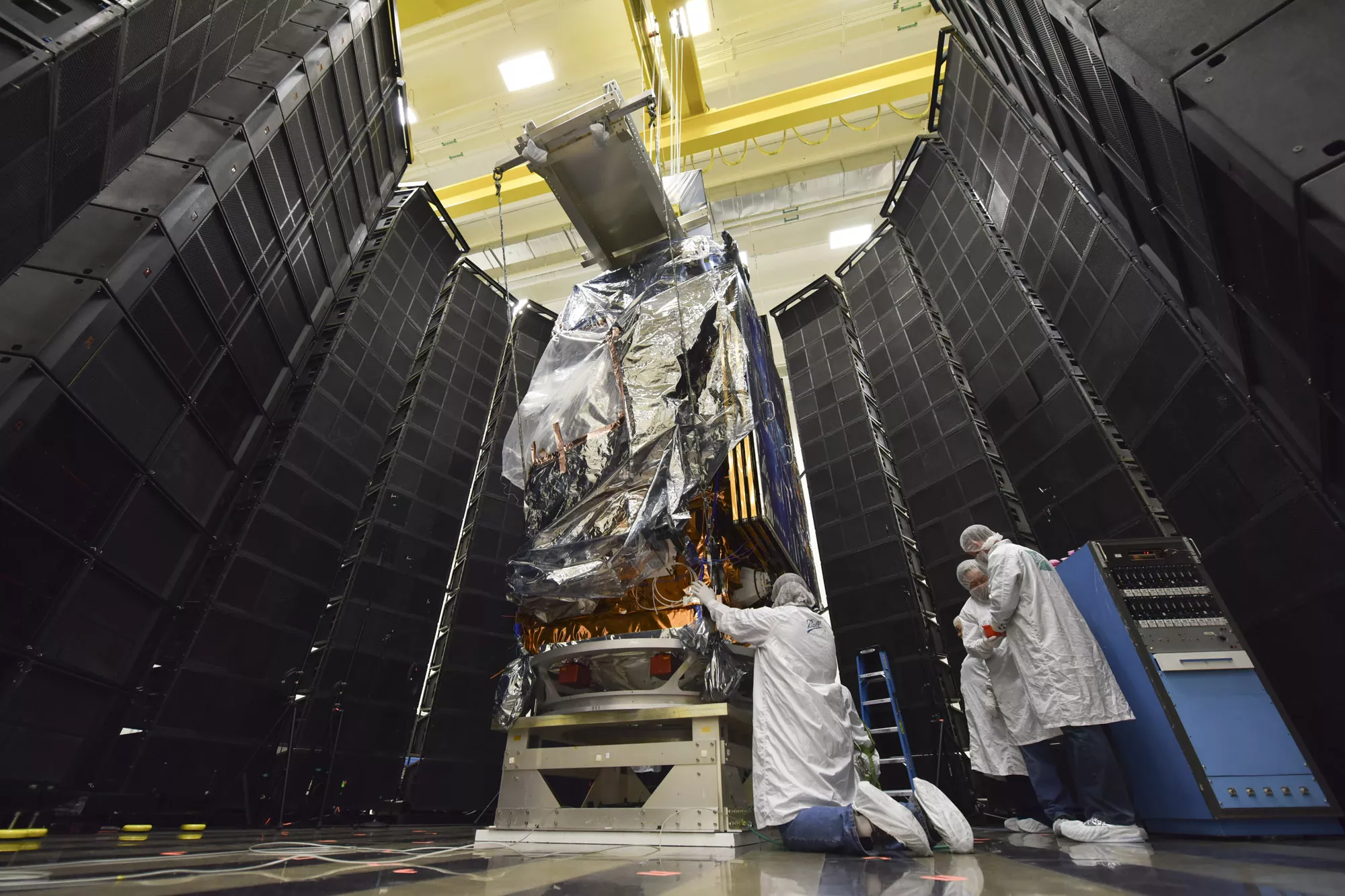 Image of JPSS-1 in acoustic testing chamber